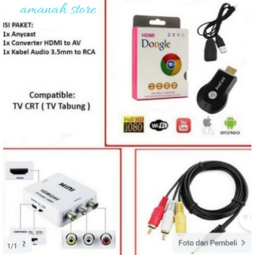 Anycast Wifi Dongle + Conventer Hdmi To Rca + Kabel Rca Ke Tv Tabung