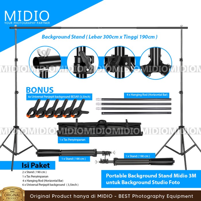 Portable Background Stand Midio 3M Untuk Background Studio Foto