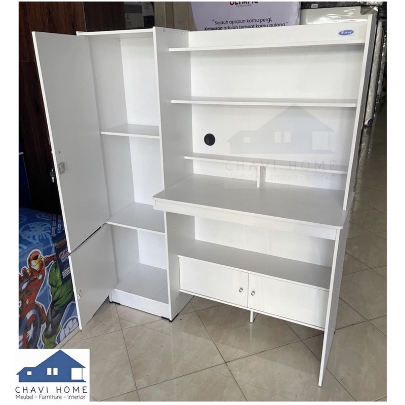 meja belajar anak full white dengan lemari penyimpanan buku minimalis