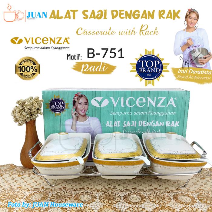TERLARIS VICENZA Prasmanan keramik isi 3 + tutup + rak stainless / food warmer porcelain motif padi