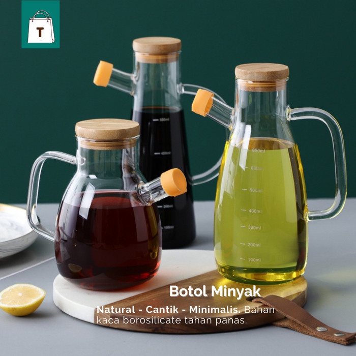 Botol Minyak Goreng Kaca Anti Panas Aesthetic Unik Tutup Kayu