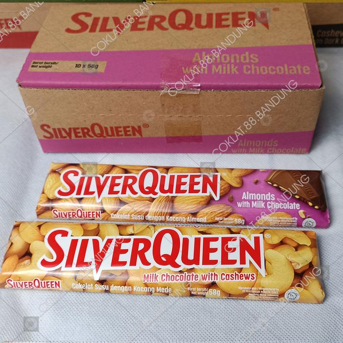 

SILVERQUEEN 55 GR EX 58 GR X 10 PCS ALMOND MEDE COKELAT, COKLAT SILVER QUEEN ISI 10 X 58GR CHOCOLATE