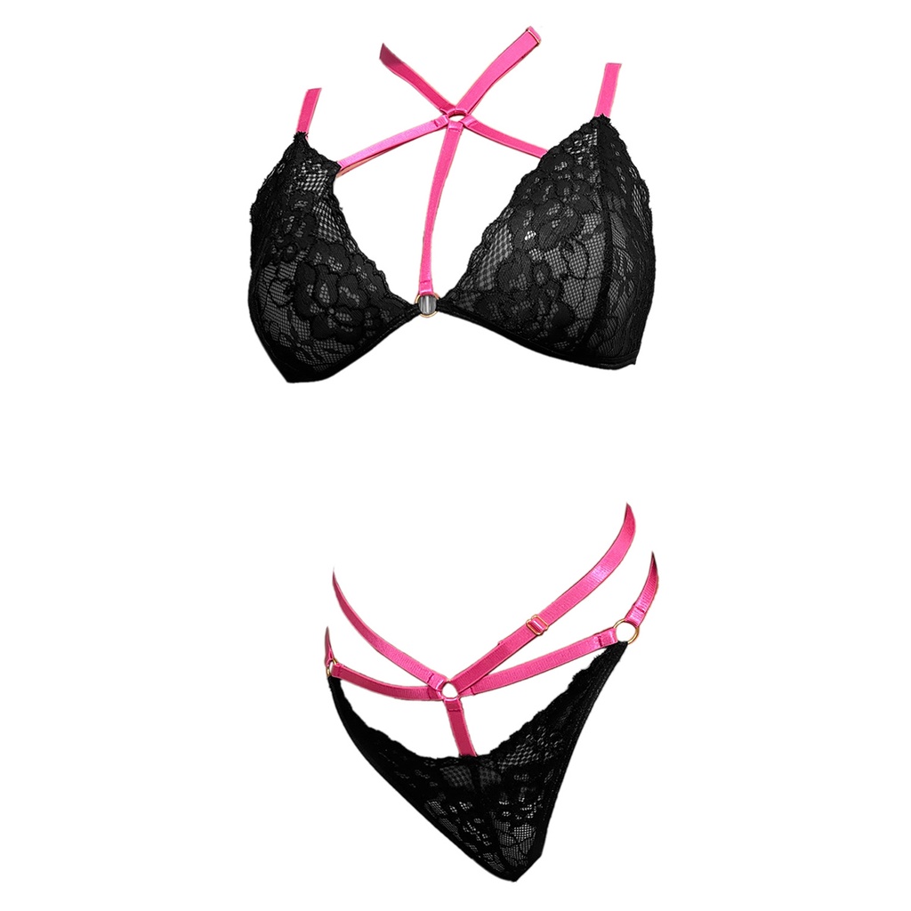 B374 Bra Set Seksi Bikini Bralette Hitam Transparan Tali Magenta Hot Pink