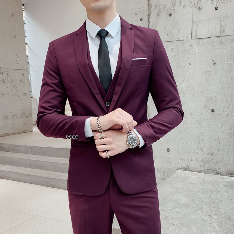 BESTPROMO 3 in 1 Set Jas Pria Tuxedo Seri Lis Putih Setelan Jas Pria Formal Jas Blazer Rompi Vest