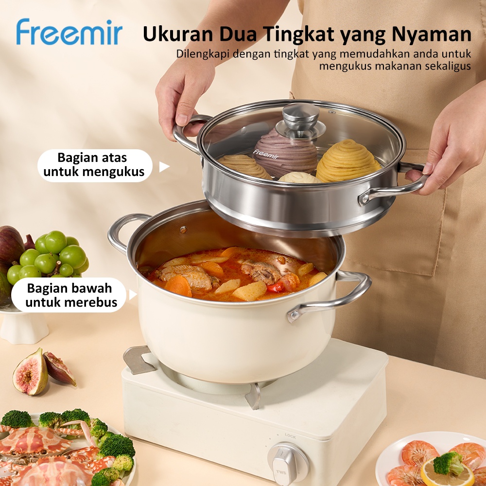 HJK [LIVE SPESIAL] freemir Panci Kukus 2 Susun 24 cm Panci Stainless Steel Panci Anti Karat