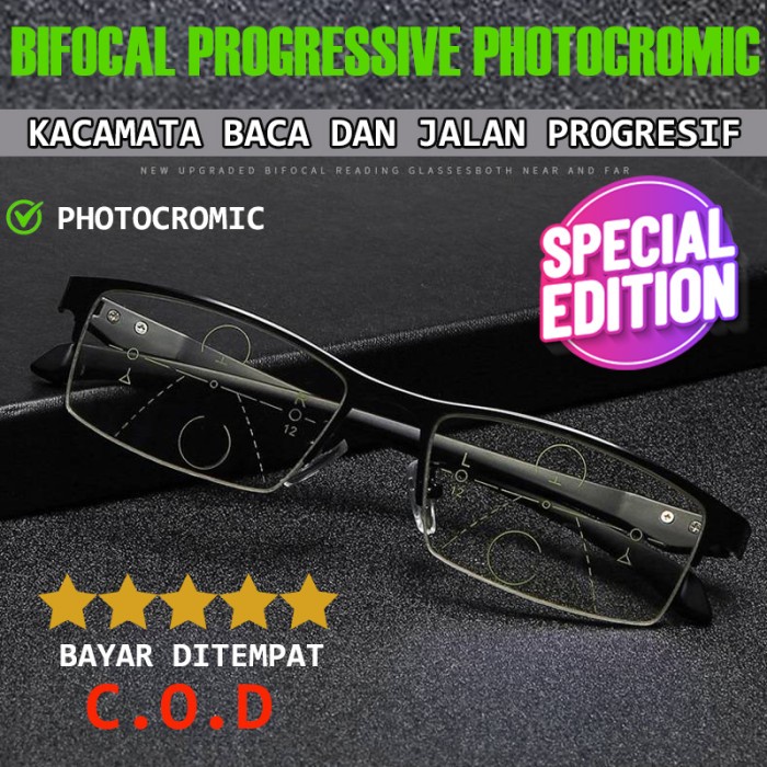 Kacamata Baca dan Jalan Progresif Lensa Photocromic Bifocal Progressiv