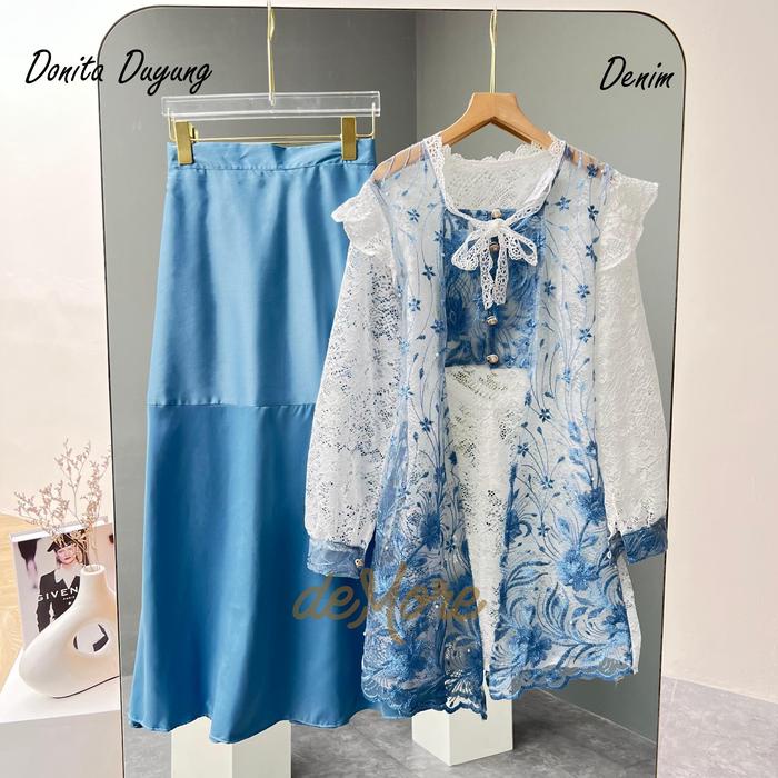 Demore 3In1 Setelan Kebaya Brukat - Donita Set Long Kebaya Renda Tile Rok Outfit Kondangan Wanita