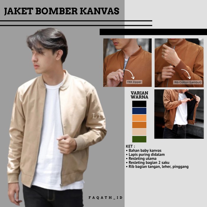 JAKET BOMBER PRIA CASUAL CANVAS JACKET BOMBER KANVAS CREAM KREM