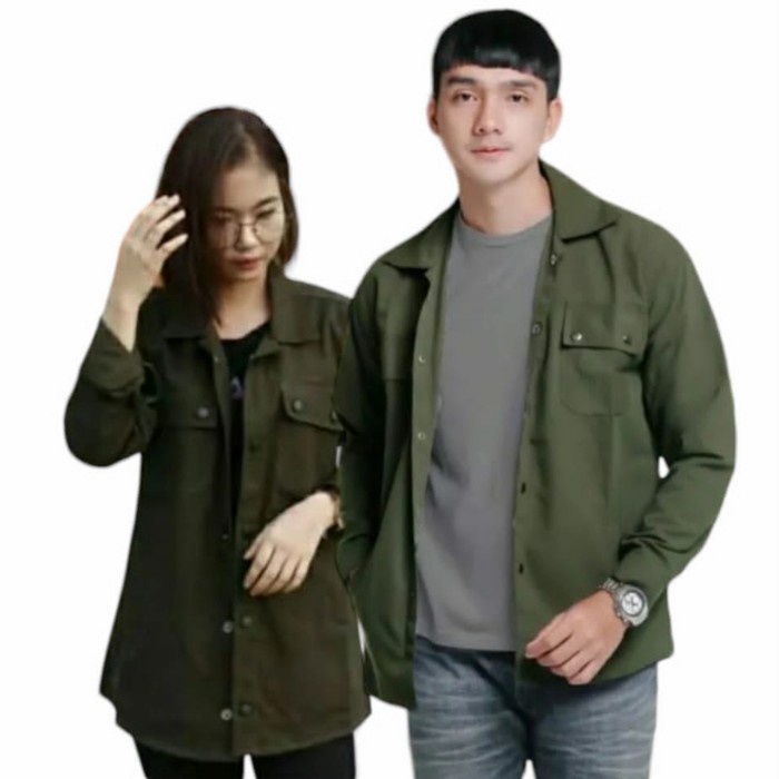 JAKET SEMI PARKA HIJAU ARMY M~XXXL KEMEJA CANVAS TRUCKER PRIA WANITA