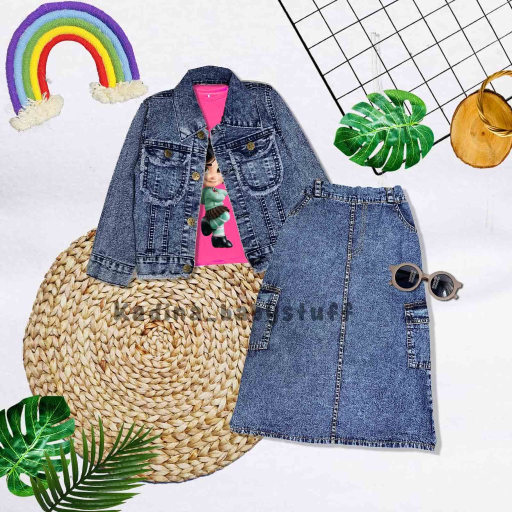 Discount Setelan Jeans Anak Perempuan / Setelan Rok Cargo Anak / Rok Cargo Anak / Jaket Jeans Anak /