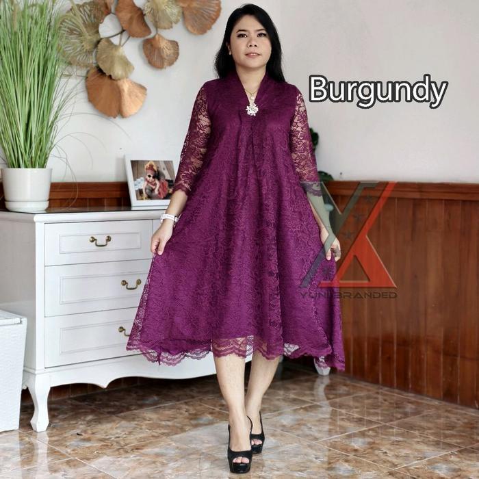 Dress Pesta Brukat Silvana Wanita Gaun Brokat V-Neck A-Line Terlaris