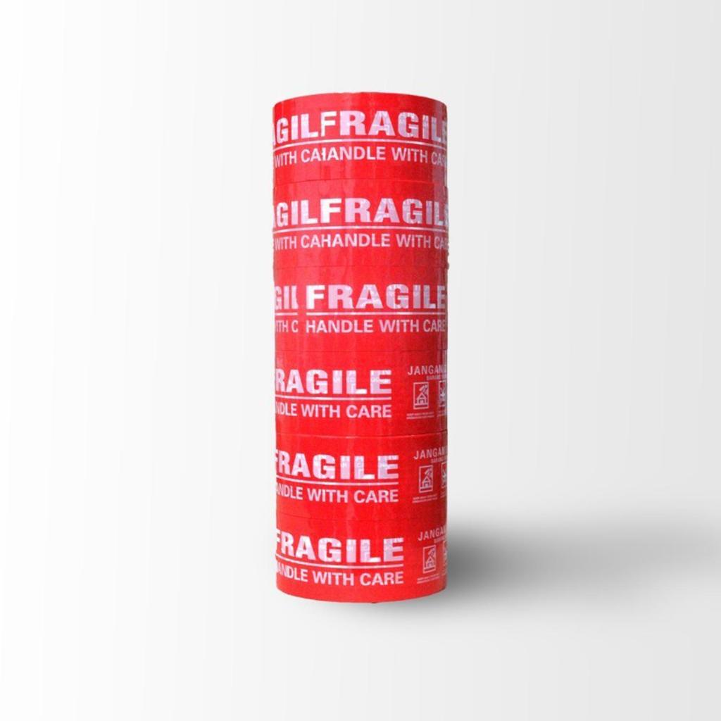 

iK! 1 LUSIN [ Isi 12 ] Lakban Fragile Merah 48 mm x 100 Yard - Handle With Care Jangan Di Banting -