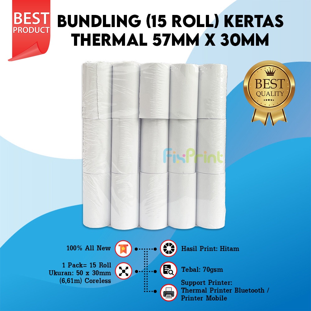 

IK! Paket 15 Roll Kertas Struk Kasir ukuran 57mm x 30mm 57 mm x 30mm Printer Thermal Iware 58mm EDC