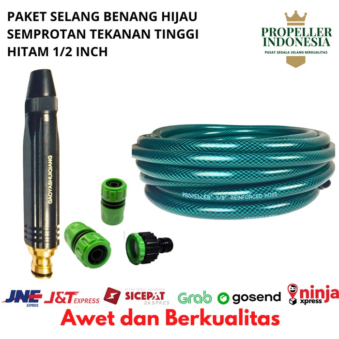 Selang Air 1/2 Inch Benang Hijau Paket Semprotan Air Cuci Motor Hitam