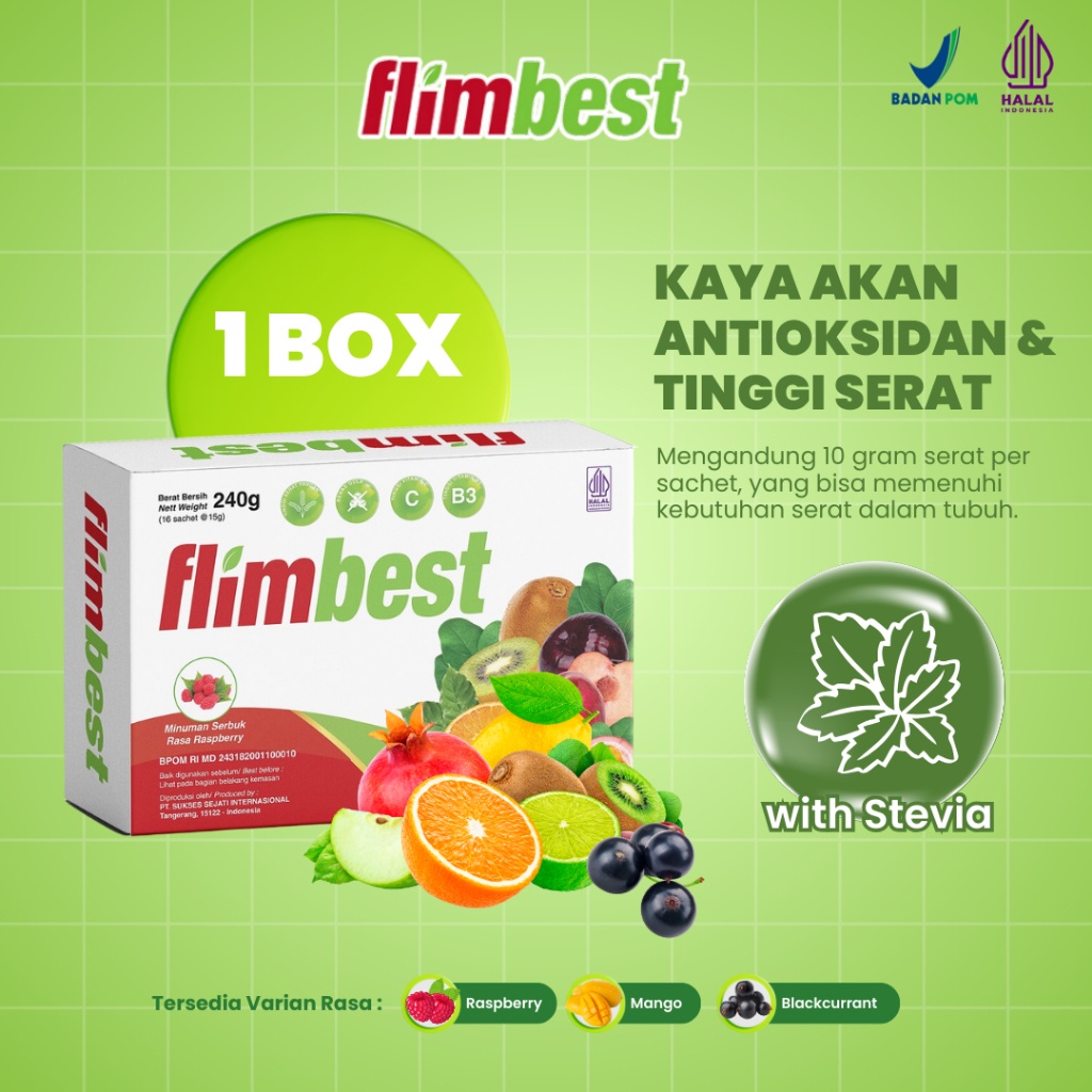 

( PROMO ) FLIMBEST FIBER 1 BOX 16 SACHET Minuman Suplemen Diet Pelangsing Tubuh Bebas Gula BPOM OBAT