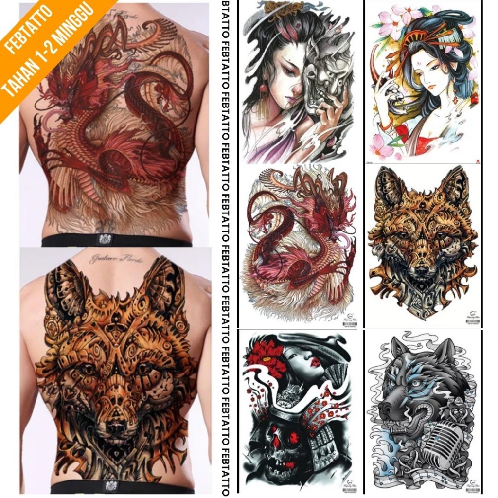 Tato Temporer Full Punggung 34x48cm Tato Ghesia, Naga, Serigala MB 001 MB 003