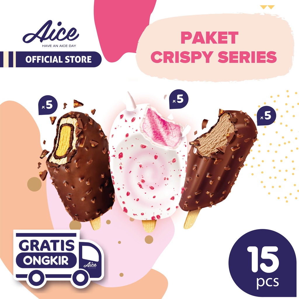 

Paket Aice Ice Cream Crispy series Es Krim (isi 5 pcs chocolate, 5 pcs strawberry, 5 pcs coffee )