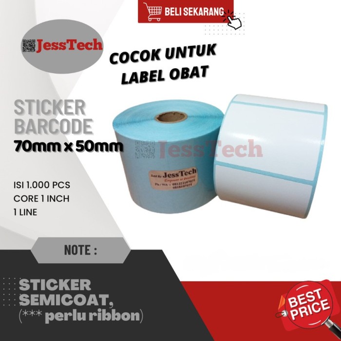 

ATKJaya- STIKER LABEL BARCODE 70mm x 50mm Semicoated 7x5 7x5cm isi 1000