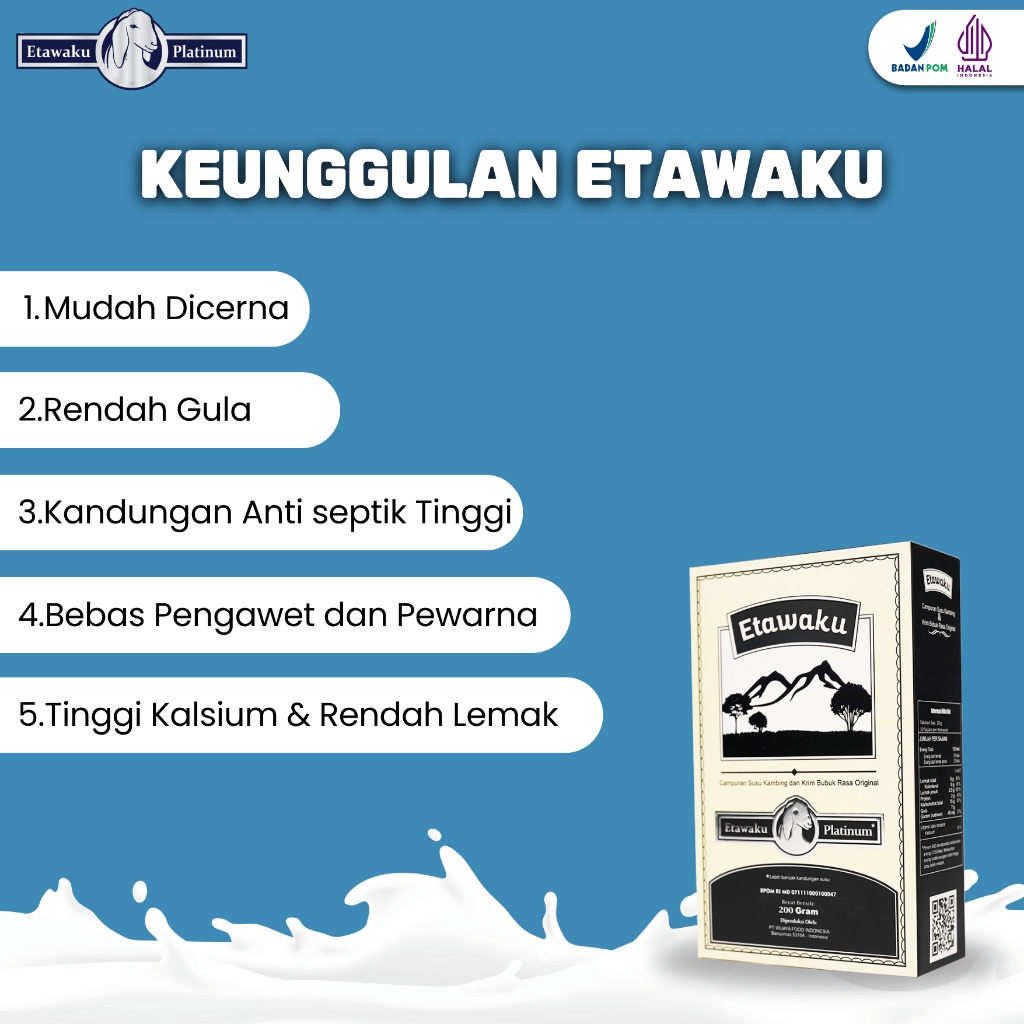 

ETAWAKU PLATINUM 100% ORIGINAL - SUSU BUBUK ETAWA UNTUK MASALAH PERNAFASAN DAN SENDI 200 GRAM BPOM
