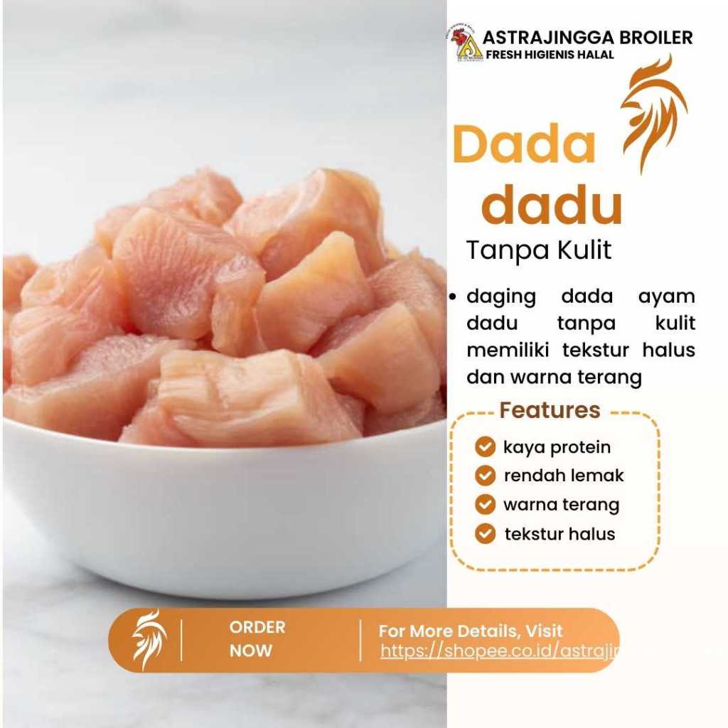 

Daging ayam dada fillet tanpa kulit potong dadu 1kg astrajingga broiler