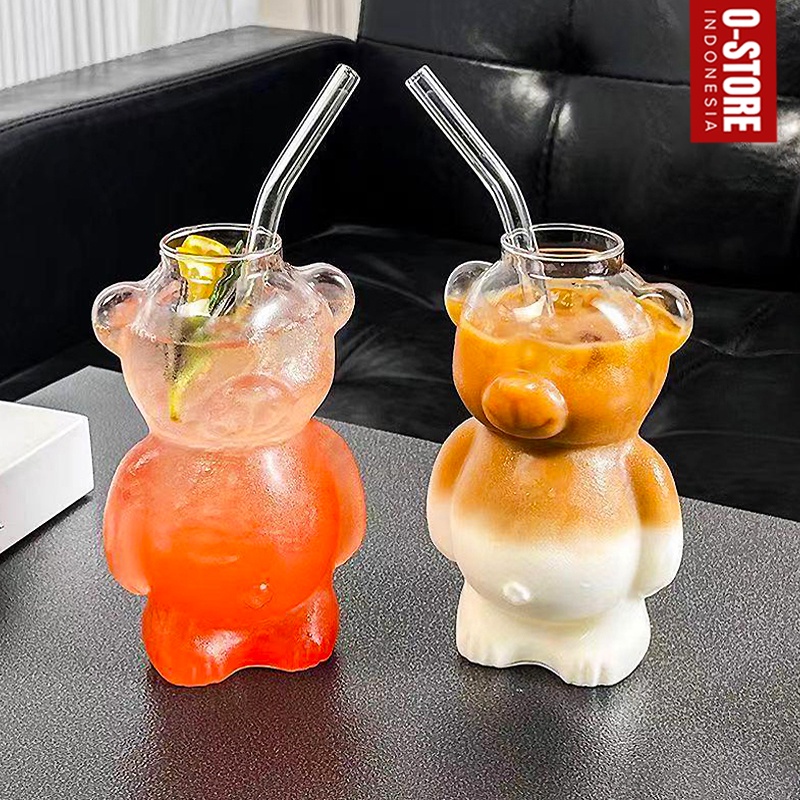 Gelas Aesthetic Kaca Sedotan Gelas Matcha Mug Botol Karakter Beruang Cangkir Gelas Kaca Tumbler Kaca