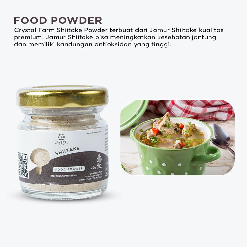 

CRYSTAL FARM Shiitake Bubuk Jamur Halal BPOM 20GR Serbuk Tabur Mushroom Food Powder Kaldu MPASI Non