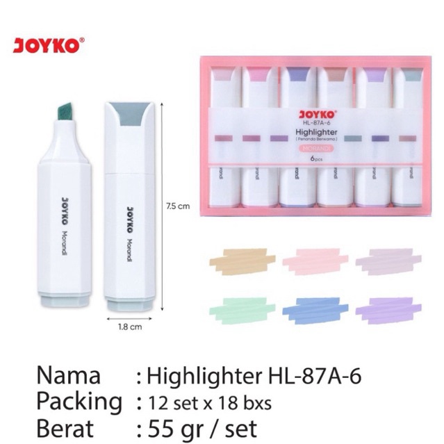 

( 1 Set = 6 Pcs ) HL87A Joyko Highlighter Warna Pastel HL-87A-6 / Penanda Berwarna Pastel Isi 6