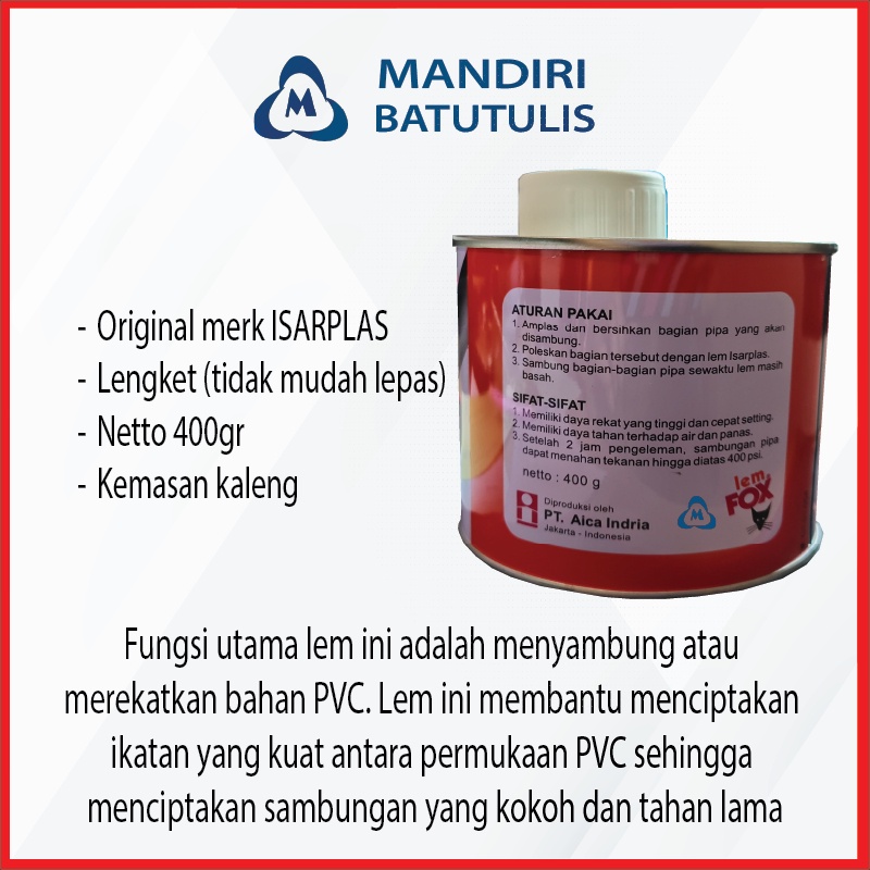 

Lem Pipa Isarplas PVC Kaleng 400gr /Lem Pipa Isarplas Kaleng