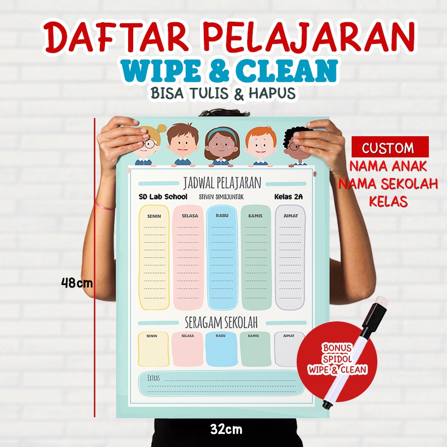 

JADWAL PELAJARAN WIPE CLEAN CUSTOM BISA TAMBAH NAMA ANAK, KELAS & NAMA SEKOLAH/ SCHOOL TIMETABLE /