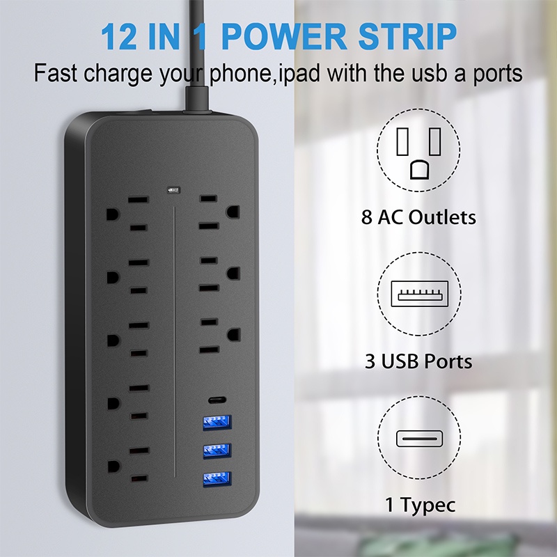 US Plug Power Strip Multi Plug Socket with Extension Cable AC Outlet USB TypeC Charge Electrical Soc