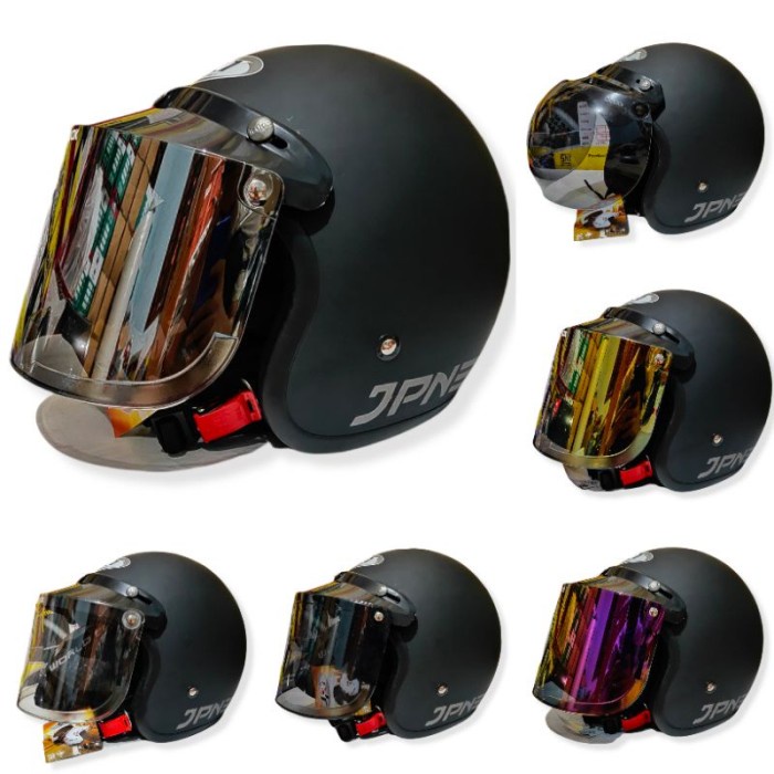 [Good] HELM BOGO JPN RETRO HITAM DOP KACA DATAR & CEMBUNG