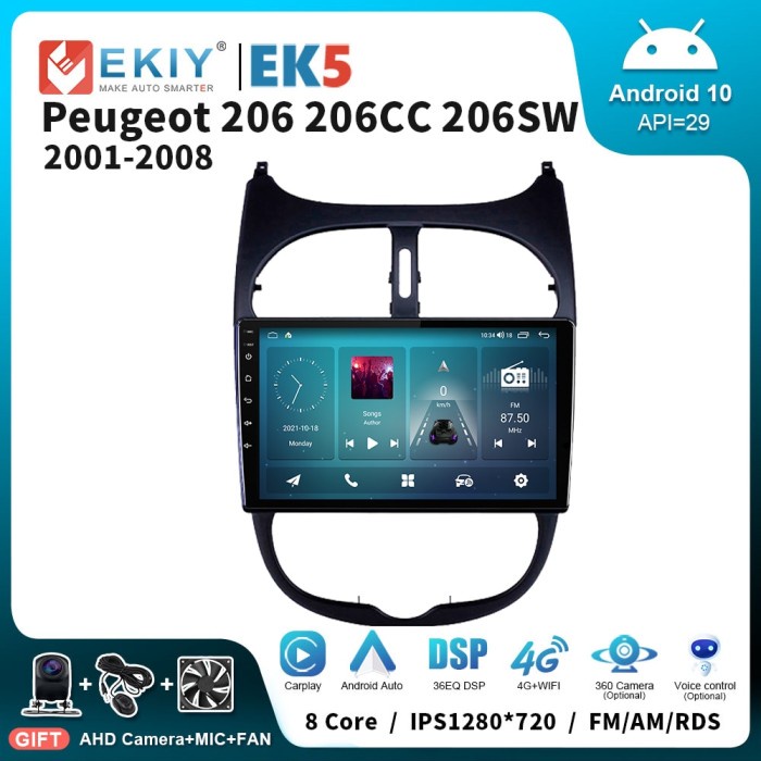 EKIY EK5 Car Radio For Peugeot 206 206CC 206SW 2001 - 2008 4G 64G