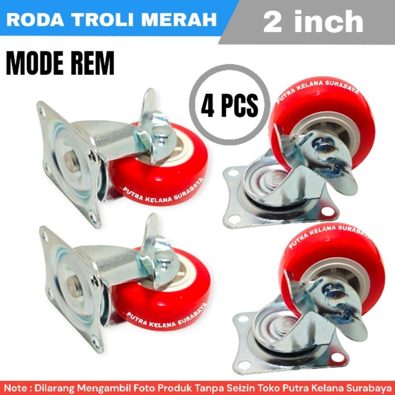 Paling Dicari [ 4 PCS ] Roda 2 Inch Merah Rem 4Pcs / Roda Troli 2inch 4Pcs / Roda Merah 2" Dengan