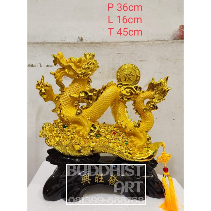 Patung Naga Emas Pajangan Dekorasi Naga Koin 45 Cm