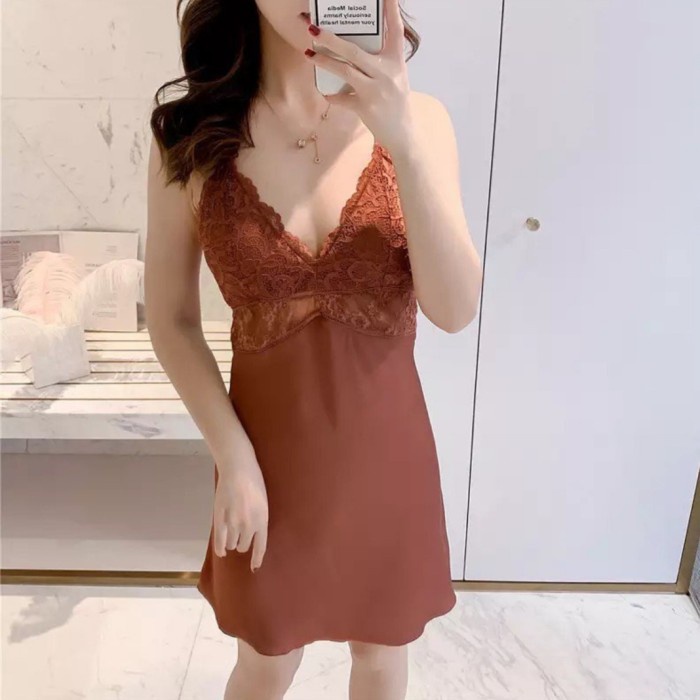 Dress Lingerie Satin Silk Salma Coklat Bata Cantik Premium High Quality