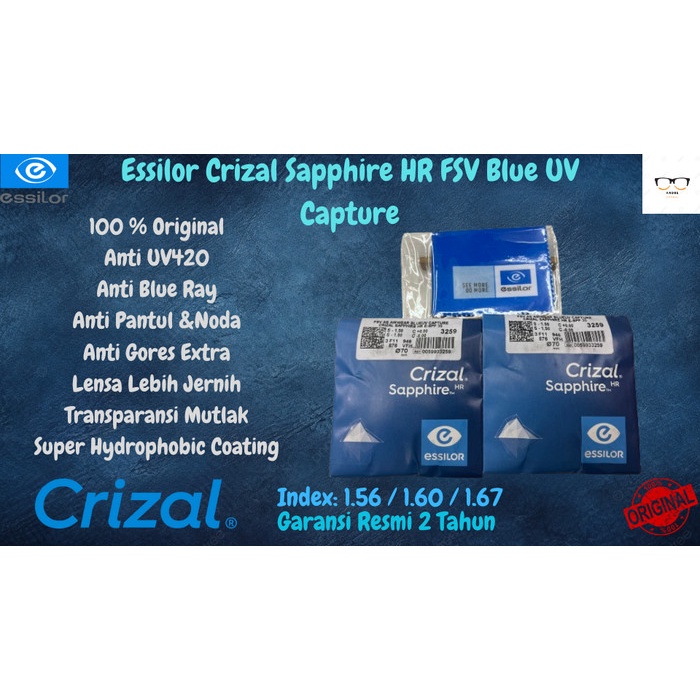*TOP* LENSA ESSILOR CRIZAL SAPPHIRE HR FSV WITH BLUE UV CAPTURE