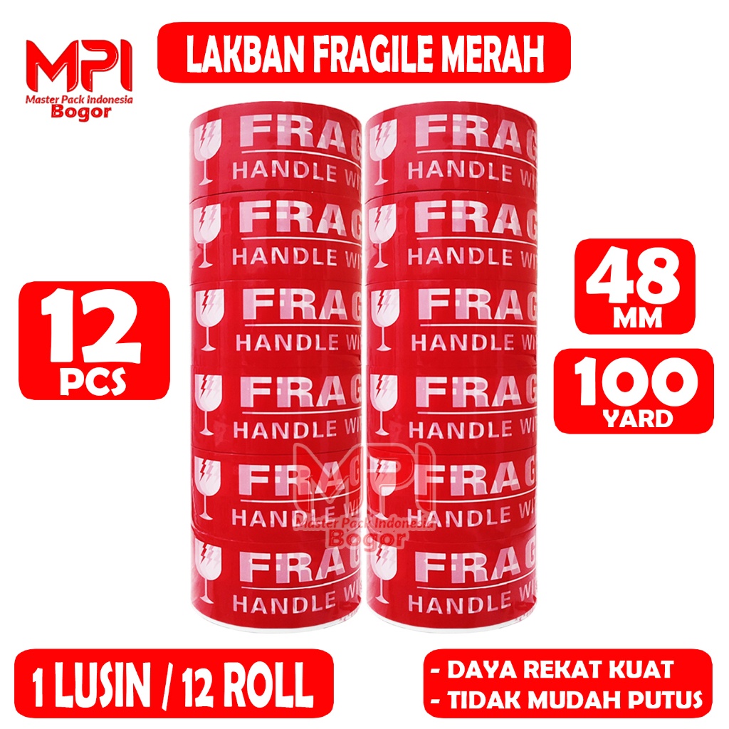 

1 Lusin [ Isi 12 ] Lakban Fragile Merah 48 mm x 100 Yard - Handle With Care Jangan Di Banting - MPI