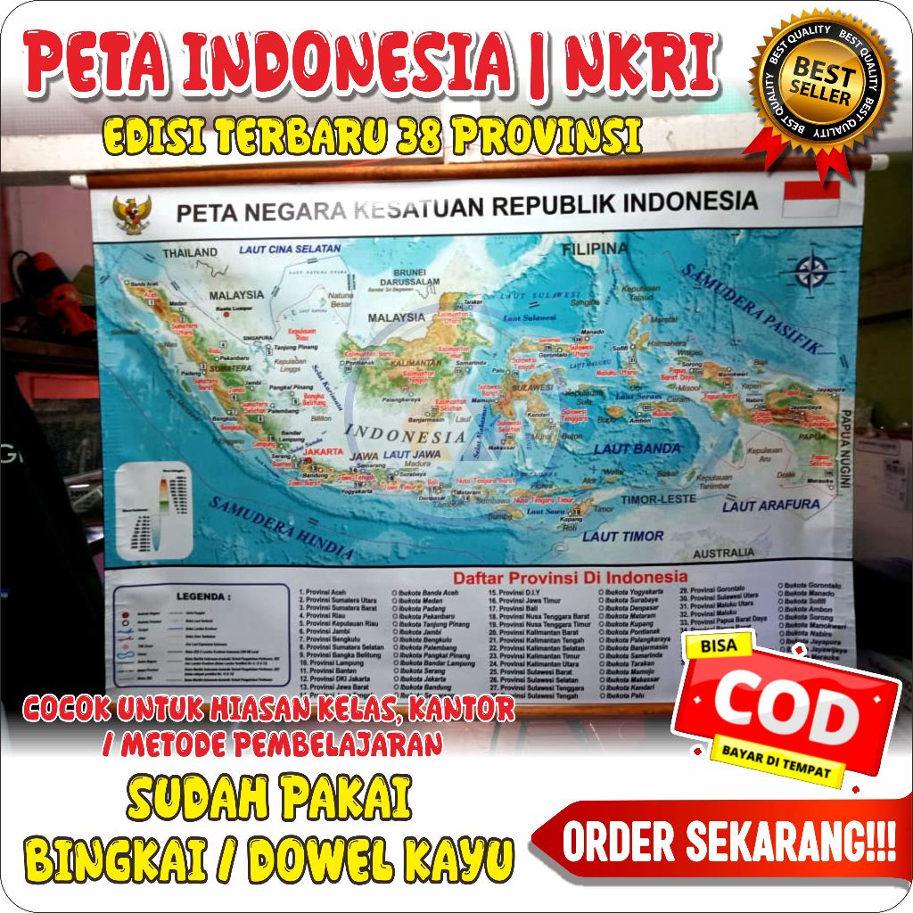 

Peta Indonesia (NKRI) 38 Provinsi + Bingkai Kayu Peta Dowel Kayu/Peta Gulung Edisi Terbaru