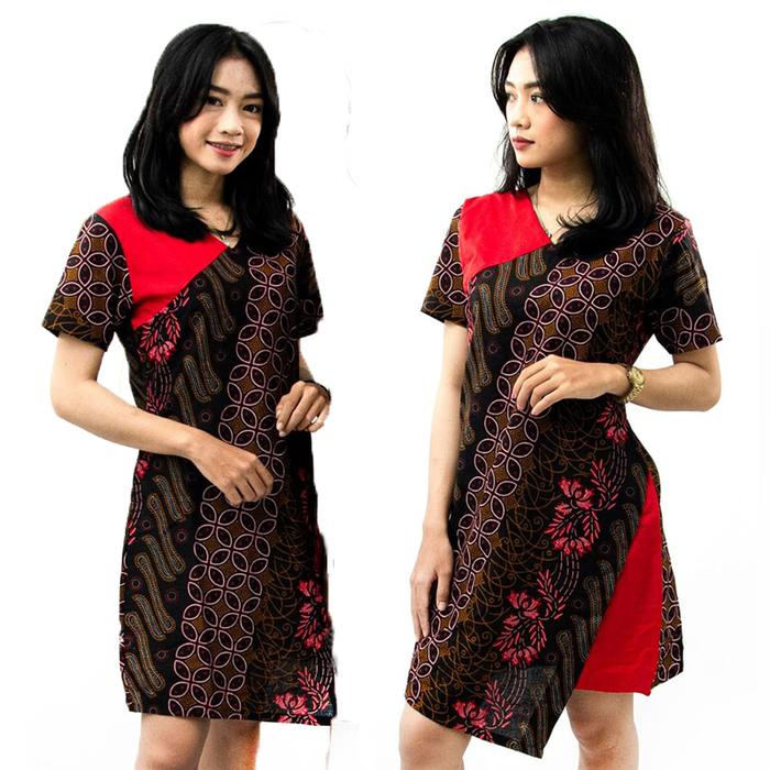Promo Batik Couple Selendang Merah Modern - Dress Batik - Hem Batik - Baju Kondangan - Baju Resepsi