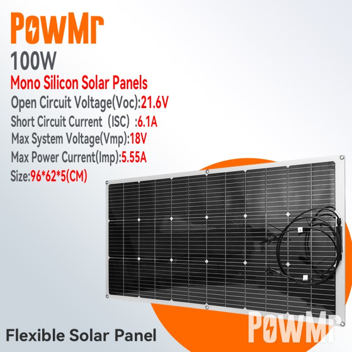 PREMIUM PowMr 100W Panel Surya Fleksibel Sel Surya Monokristalin Kabel DIY Luar Ruangan Mobil RV
