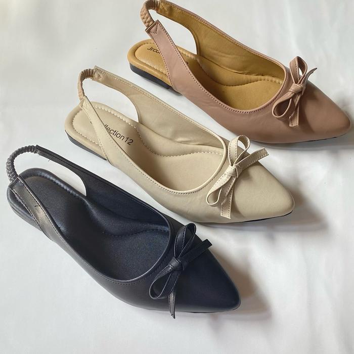 PREMIUM Flatshoes Tali Pita - Sepatu Sandal Wanita Tali Belakang Karet Dasi Tali Pita Balet Kerja