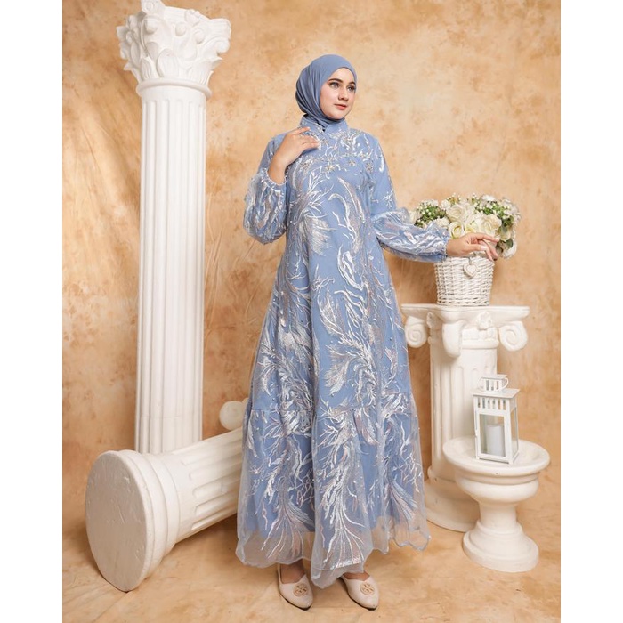 Meera - Nera Dress Brokat Wanita Bahan Full Brokat Lengan Balon Ld 110 Panjang 140 Mewah Gamis Gaun