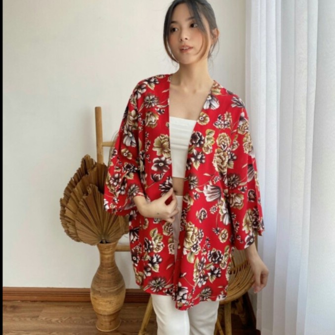 Cardigan Outer Kimono Flower, Cardigan Wanita Oversize, Cardigan Katun