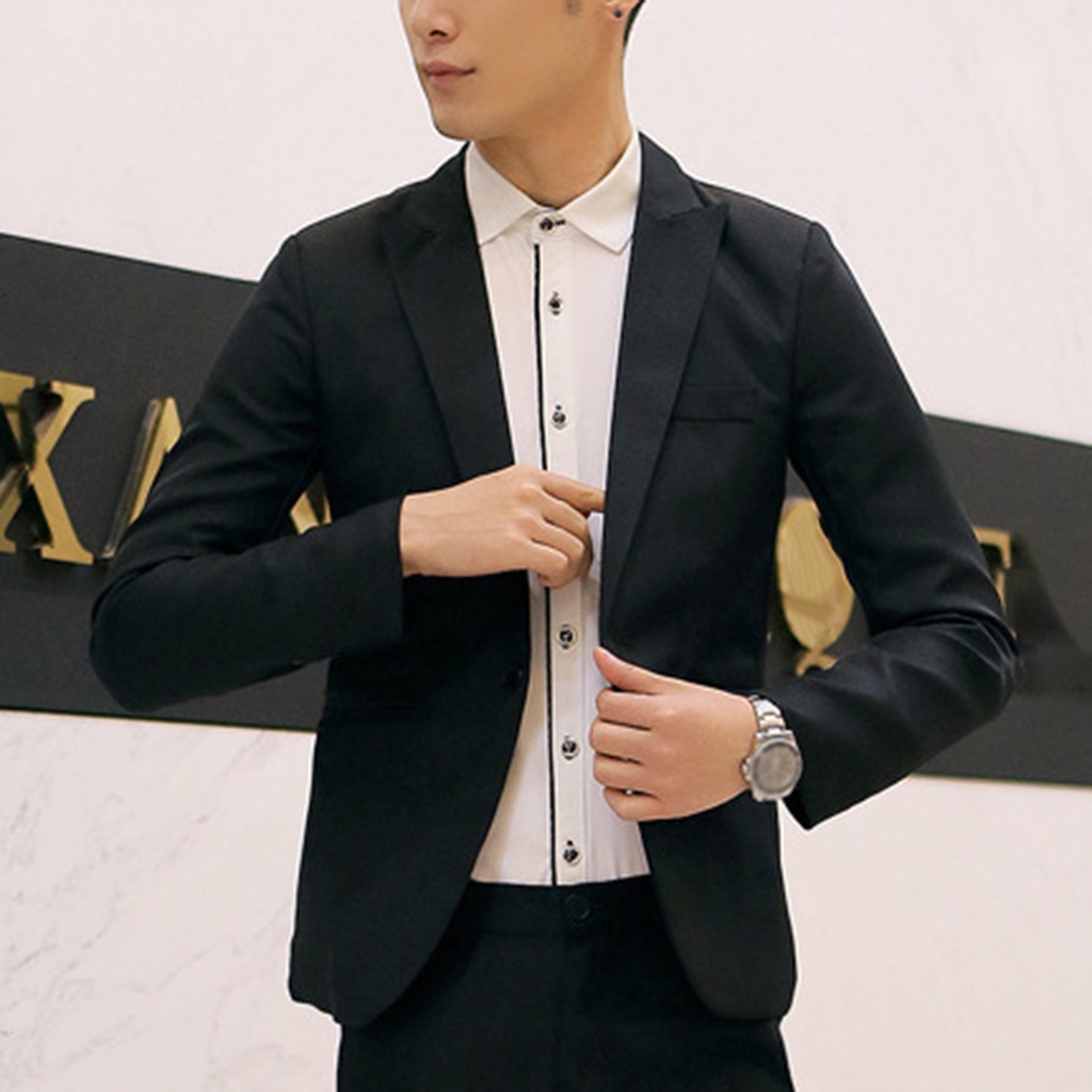 Men Solid Color Long Sleeve Lapel One Button Pocket Blazer Slim-Fit Suit Coat Blazer Korean Style