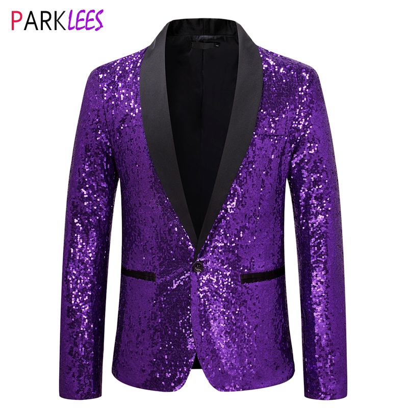 Shiny Purple Sequin Glitter Embellished Tuxedo Suit Jacket Men One Button Shawl Collar Night Club