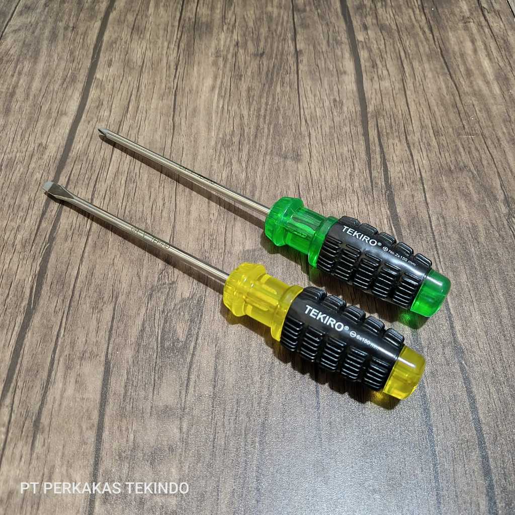 Obeng Tekiro Gagang Karet Plus ( + ) Minus ( - ) Hijau Kuning Panjang 150mm / Obeng Panjang Tekiro