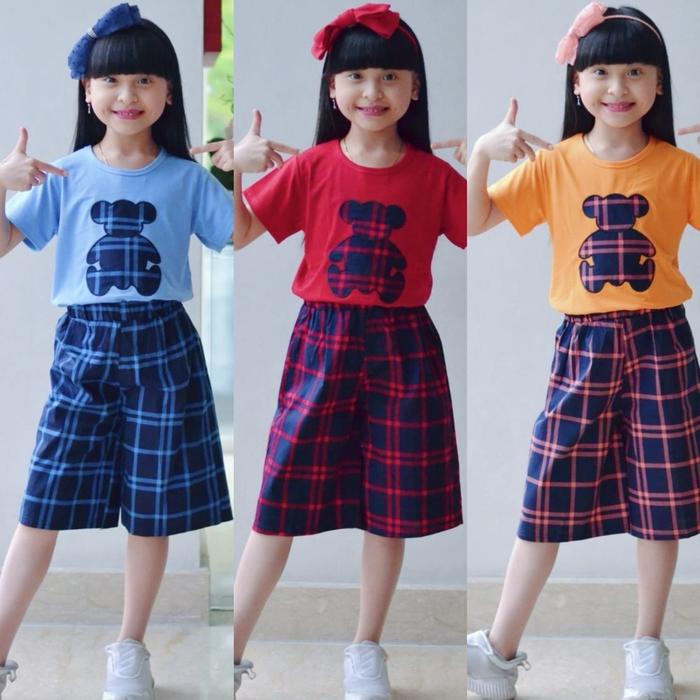 Geraigo- Setelan Kulot Burbery Teddybear Anak Perempuan Umur 4-11 Tahun Baju Bordir Celana Katun