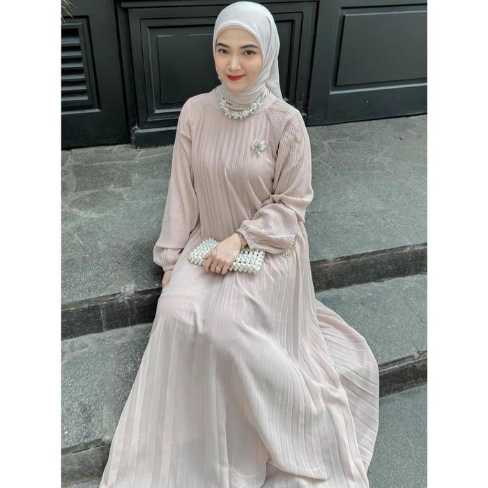 Dress Wanita Casual Fanmu Gamis Plisket Premium Dengan - Nude Putih Hitam Muslim Panjang Maxi