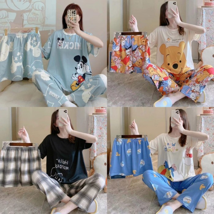 Baju Tidur Setelan 3 In 1 Wanita Piyama Import Bahan Kaos Spandeks
