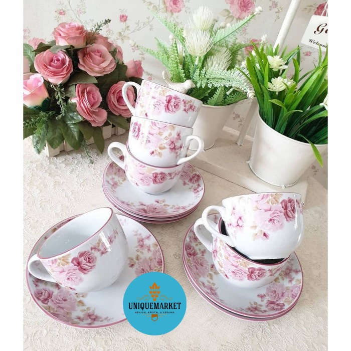 Tea Set Keramik Shaby Pink Floral Set/ Cangkir Tatakan Set Keramik